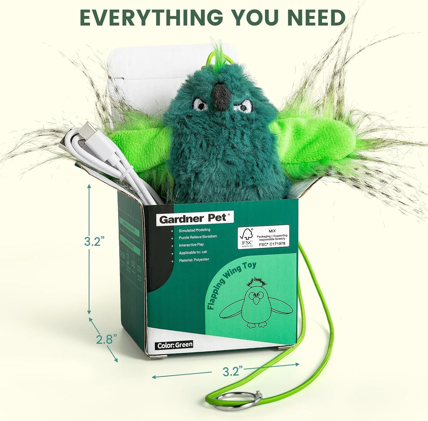 Gardner Pet Cat Toys Flapping Bird (No Flying),Touch Activated with Realistic Flapping Wings and Chirping Bird,Hangable Flying Kitten Interactive Toy,USB Rechargeable Indoor Kitty Exercise Toys,Green