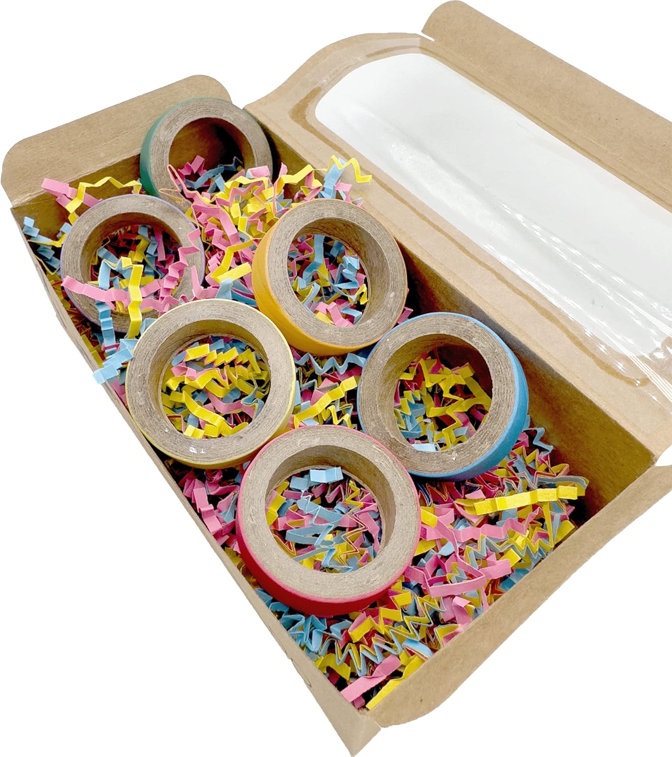 by M&M 6001 Donut Mind If I Do Beak Box - Colorful Compressed Cardboard Donuts, Brightly Colored Crinkle Paper, Delightful Real Donut Box, Delightful Bird Foraging Party