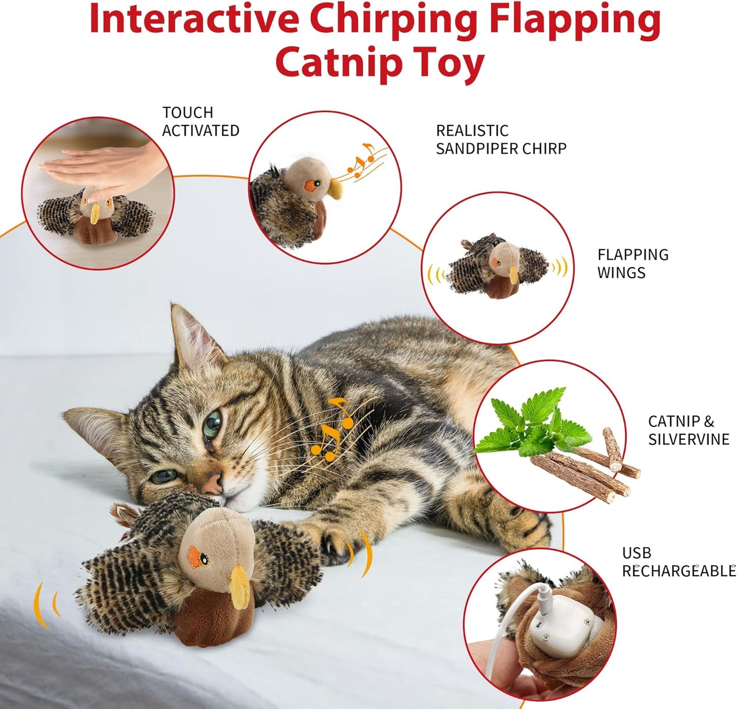 Gigwi Flappy Bird Cat Toy for Indoor Cats, Rechargeable Lifelike Interactive Flapping Bird Cat Toy Tweet, Flapping Wings & Lively Chirping, Automatic Catnip Toys for Cats Kitten, Touch Activated