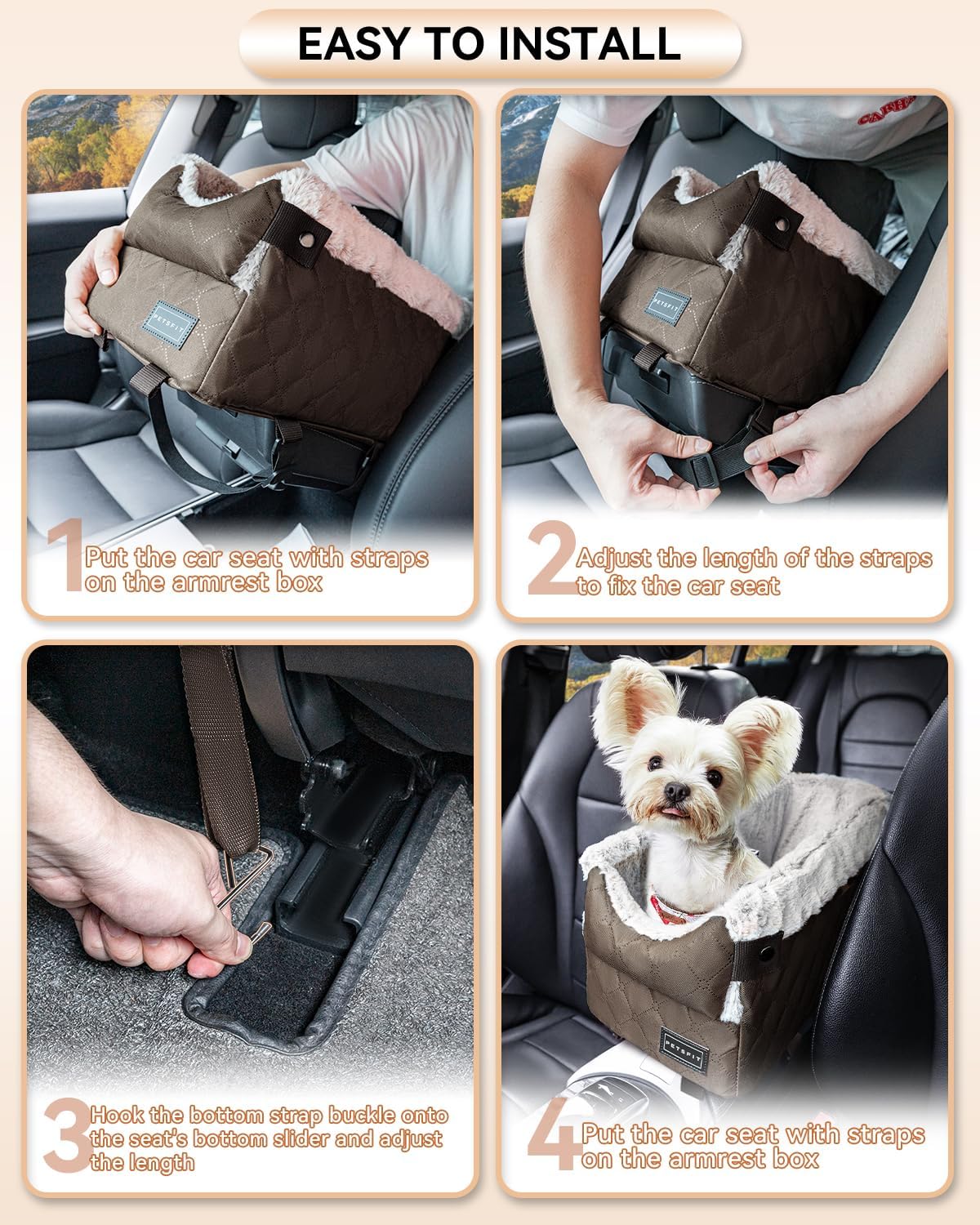 PETSFIT Center Console Dog Car Seat with Safe Protection Hooks, Pet Car Seat with Upgraded Safety Tethers, Washable Cushion, Console Dog Car Seats for Small Dogs (Coffee)