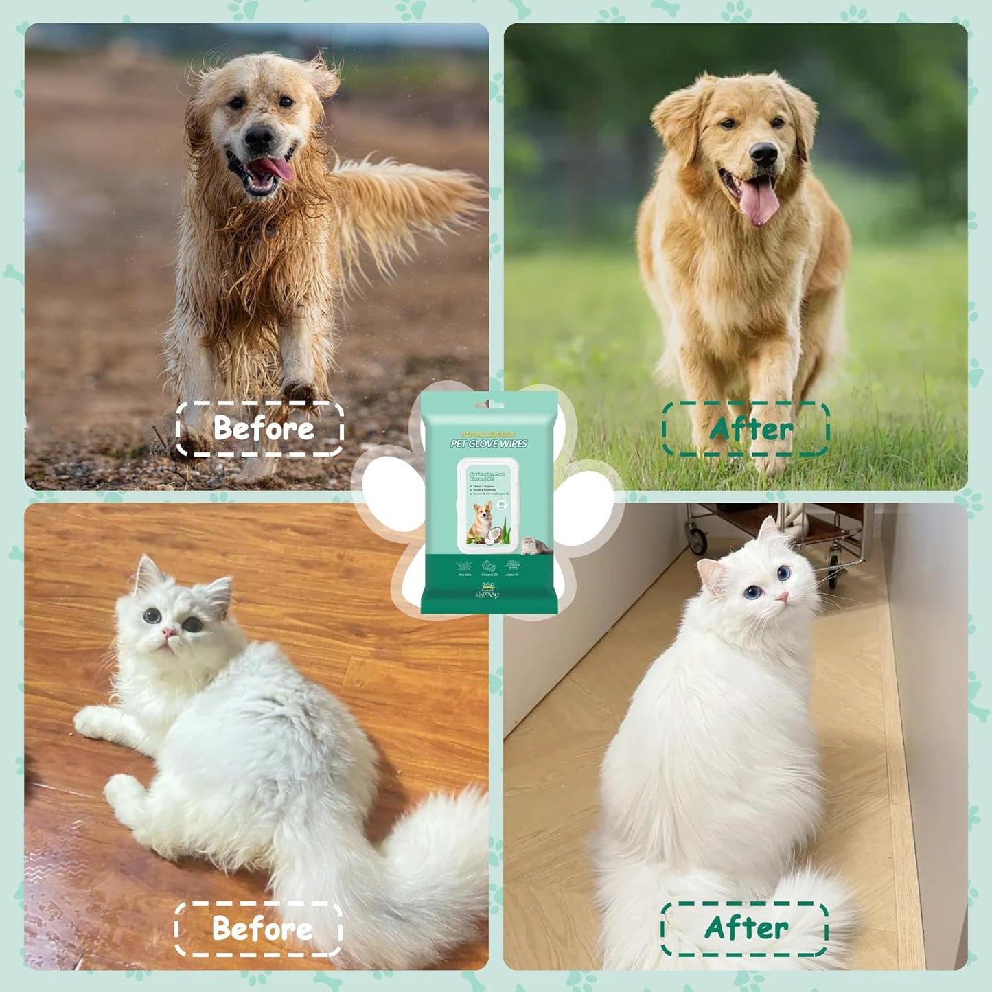 Pet Cleaning and Deodorizing Bathing Grooming Glove Wipes for Dogs and Cats, Extra Thick Nourish Fur No-Rinse Grooming Wipes for Daily Care and Travel, Hypoallergenic, 10 pcs