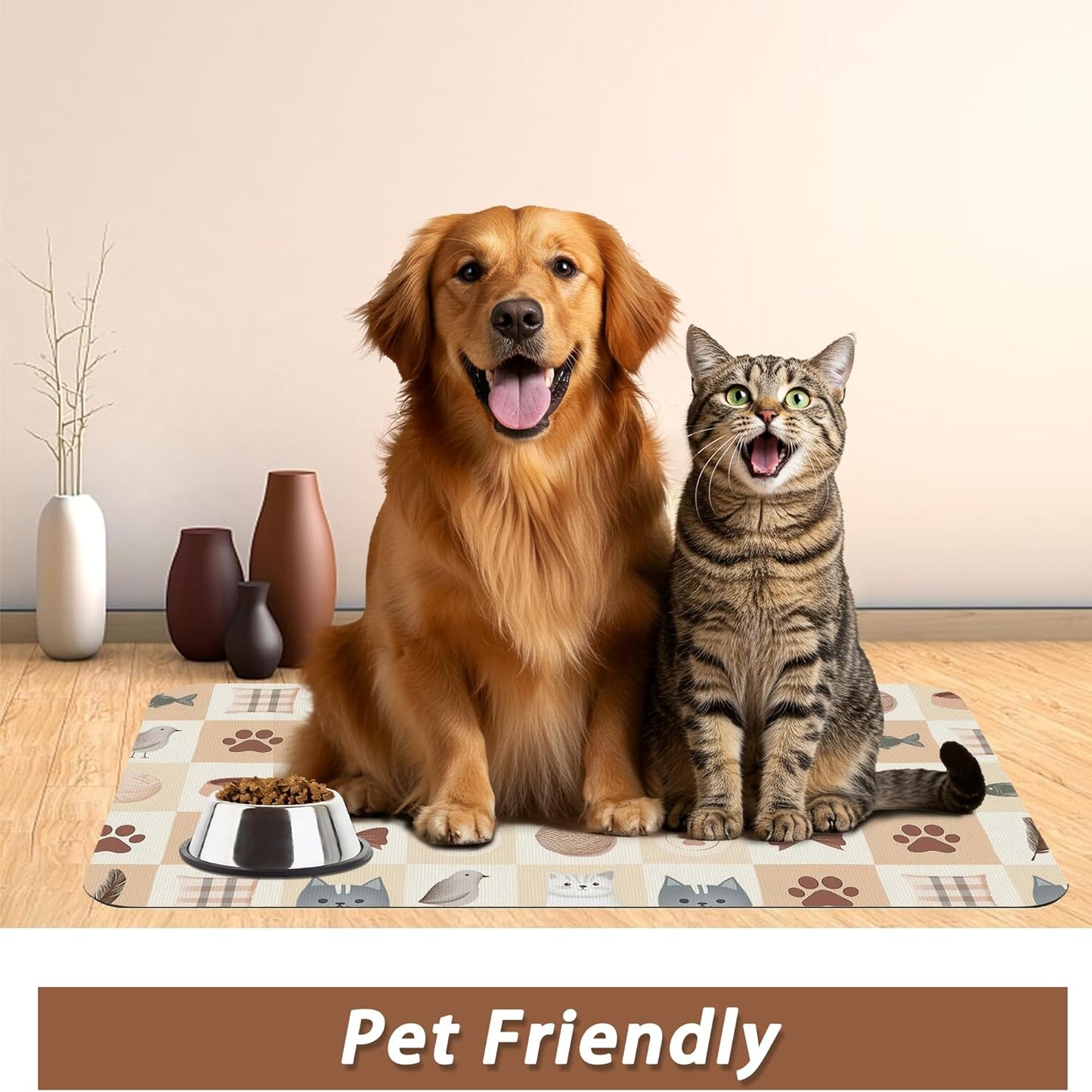 Cute Cat Toy Print Dog Food Mat for Floors,Absorbent Pet Food and Water Bowl Mats,Non-Slip Pet Feeding Mat,Pet Supplies 12" x 20"