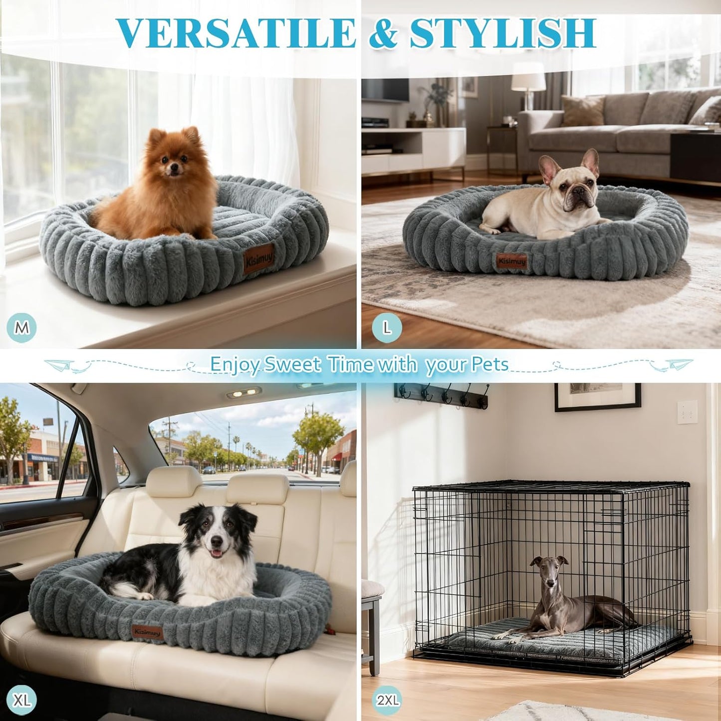 Cute Extra Large Dog Beds, XL Anti-Anxiety Grey Dog Bed with Removable Washable Cover and Anti-Slip Bottom, Comfy Calming Pet Crate Bed with Handle, 43x31x5inches