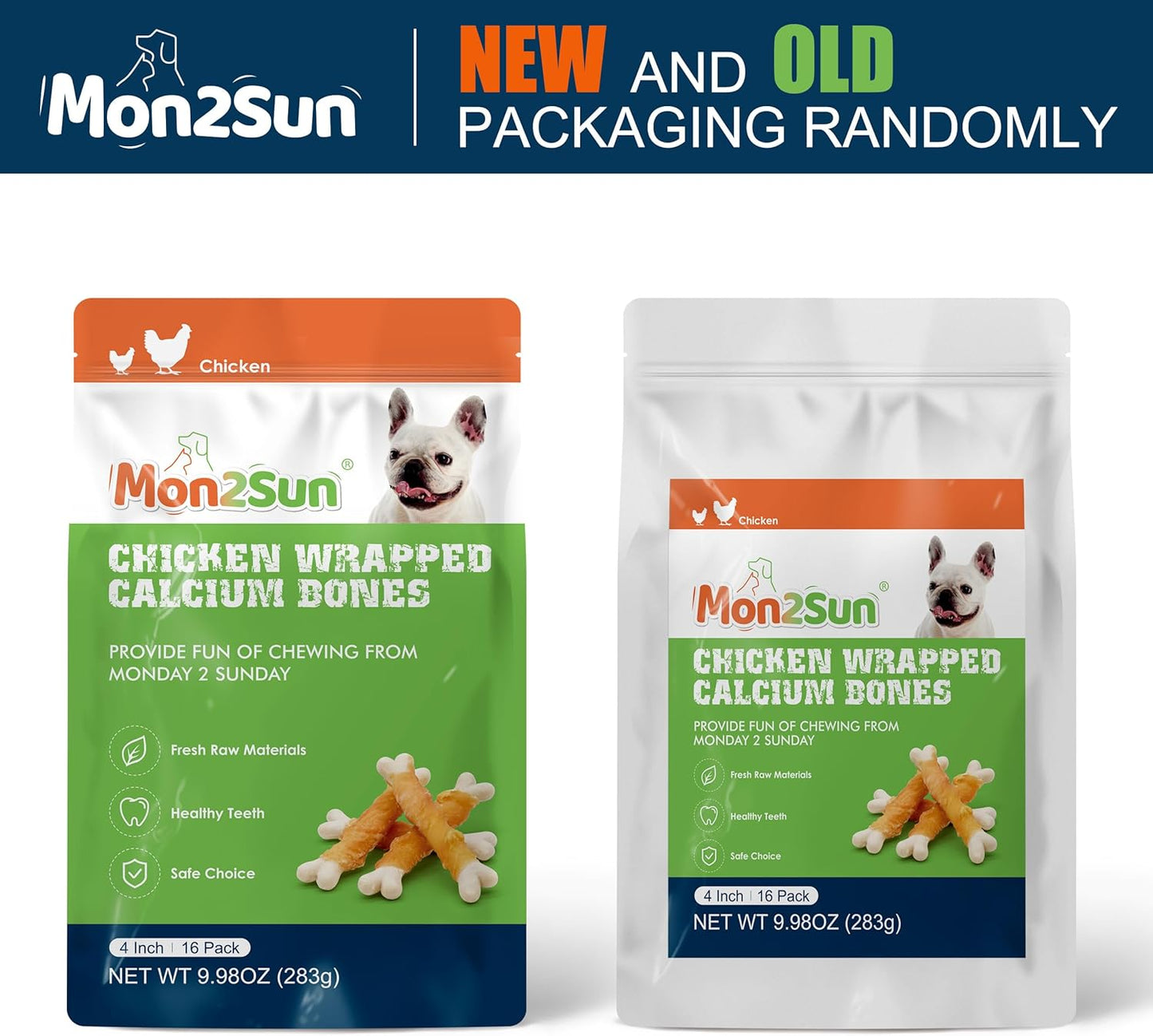 MON2SUN Dog Treats, Chicken Wrapped Calcium Bones Without Rawhide, 4 Inch Training Treats for Teeth Cleaning and Fresh Breath, Chews for Puppy and Small Dogs (10 Ounce - Pack of 1)