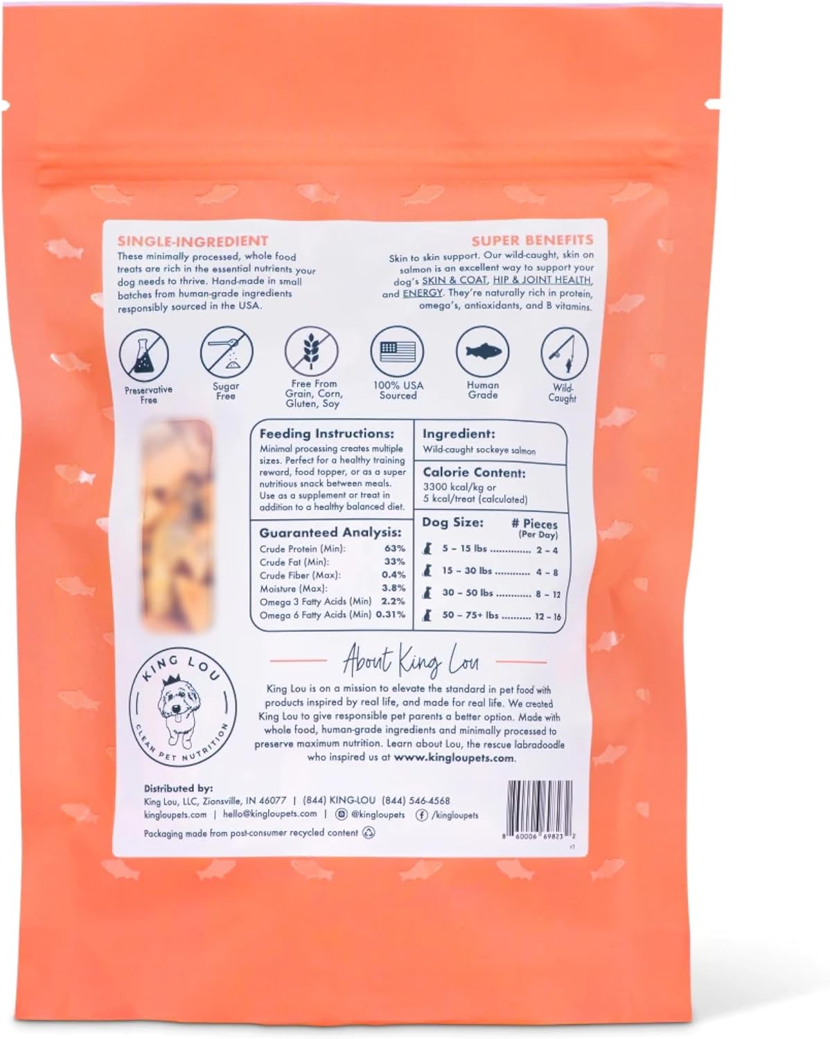 King Lou Pets - Wild Salmon Bites - Freeze Dried Treats for Dogs - Single Ingredient Dog Treat - USA-Made Salmon Treats for Dogs- Omega Rich for Skin & Coat Health - 1 lb Prior to Freeze-Drying