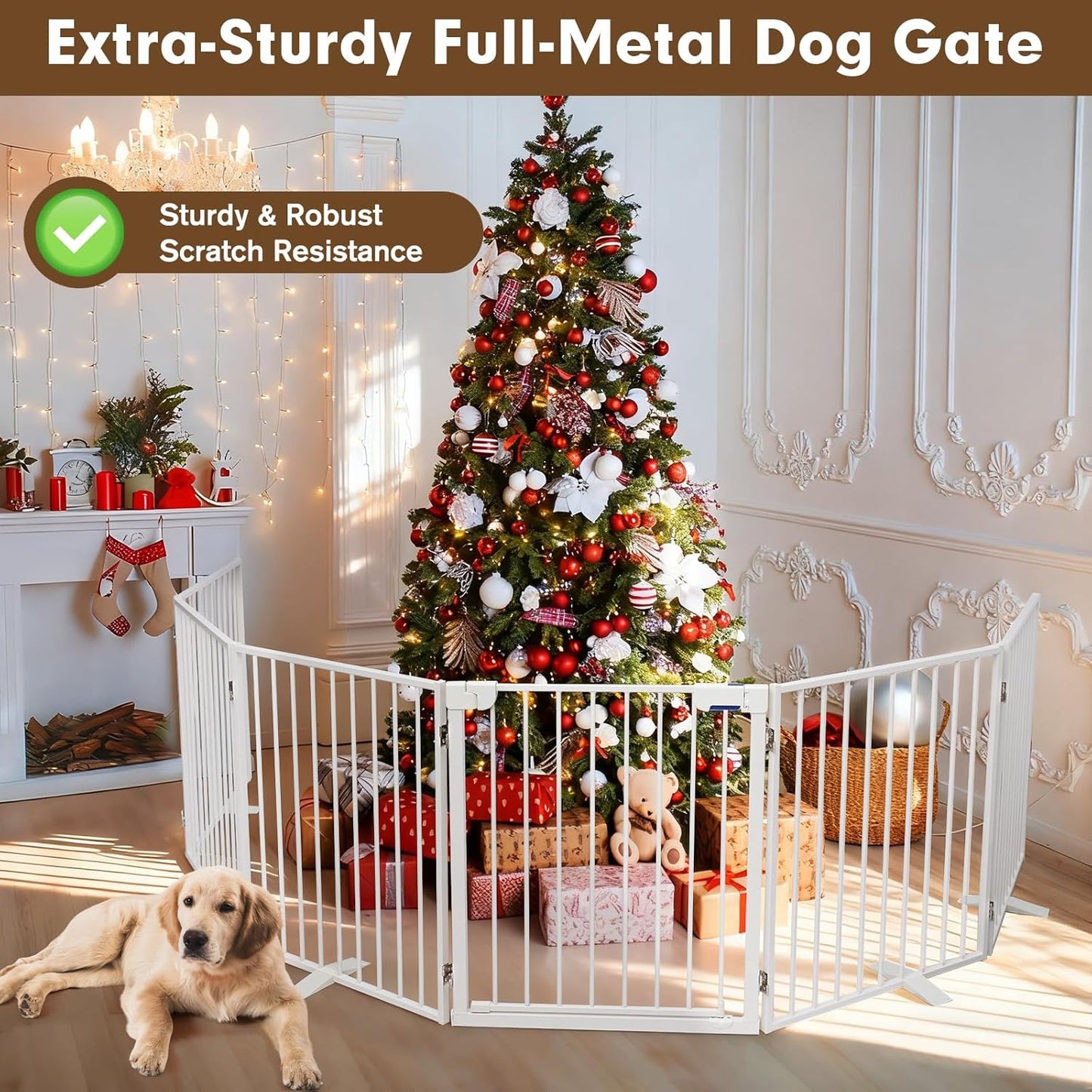156" Dog Gate Extra Wide, Heavy Duty Metal Freestanding Dog Gate with Door for Indoor & Outdoor, Foldable Pet Fence for Doorways,House,Porch,Deck,Yard,Stairs, Auto Close(6 Panels,White)