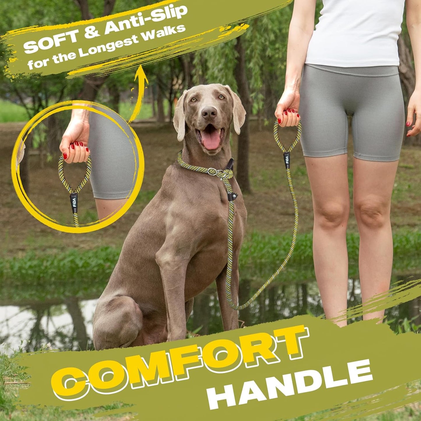 Fida Slip Leads for Dogs, 6 FT x 1/2" Dog Leash Heavy Duty Comfortable Strong Rope Lead for Large, Medium Dogs, No Pull Pet Training Leash with Highly Reflective,Yellow