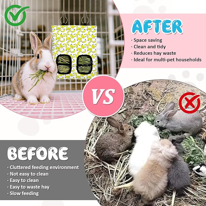 3 Pcs Rabbit Hay Feeder, 2-Hole Hanging Guinea Pig Hay Bags Washable Bunny Hay Bag for Rabbits, Chinchillas, Hamsters, Small Pets and Animals (11.8"×8.7")