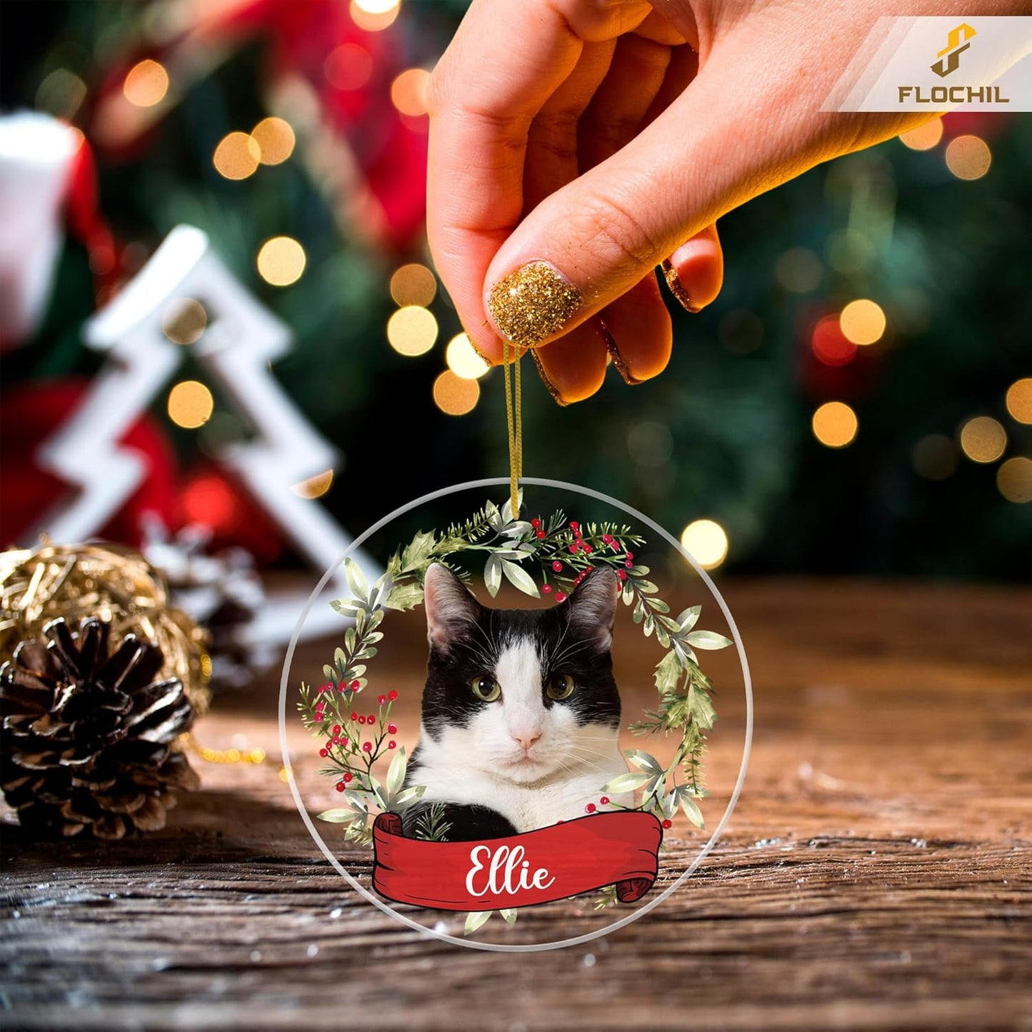 FLOCHIL Personalized Cat Christmas Ornaments Custom Photo Name for Christmas Trees, Cat First Christmas Ornaments, Gifts for Pet Lovers Acrylic Ornament