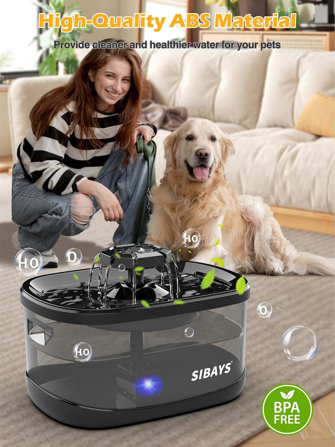 SIBAYS 2.5Gal/9.5L Dog Water Fountain, 3 Flow Modes Pet Water Fountain for Cats, Dog Water Bowl Dispenser with 7" Large Filter & Ultra Quiet Pump, BPA-Free, Ideal for Large Dogs, Multi-pet(FS68)