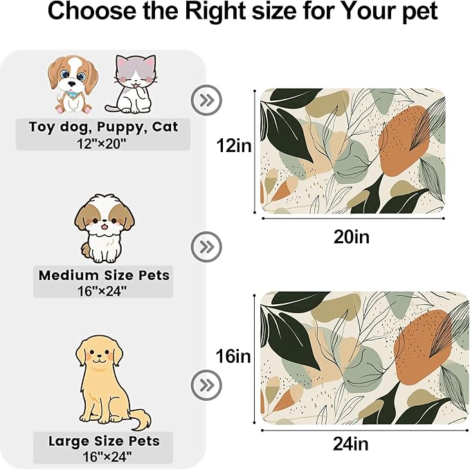 Abstract Boho Leaves Dog Food Mat-Absorbent Pet Feeding Mat for Food and Water Bowl, Quick Dry Dog Placemat with Rubber Backing-No Stains Pet Supplies for Messy Drinkers 12"x20"