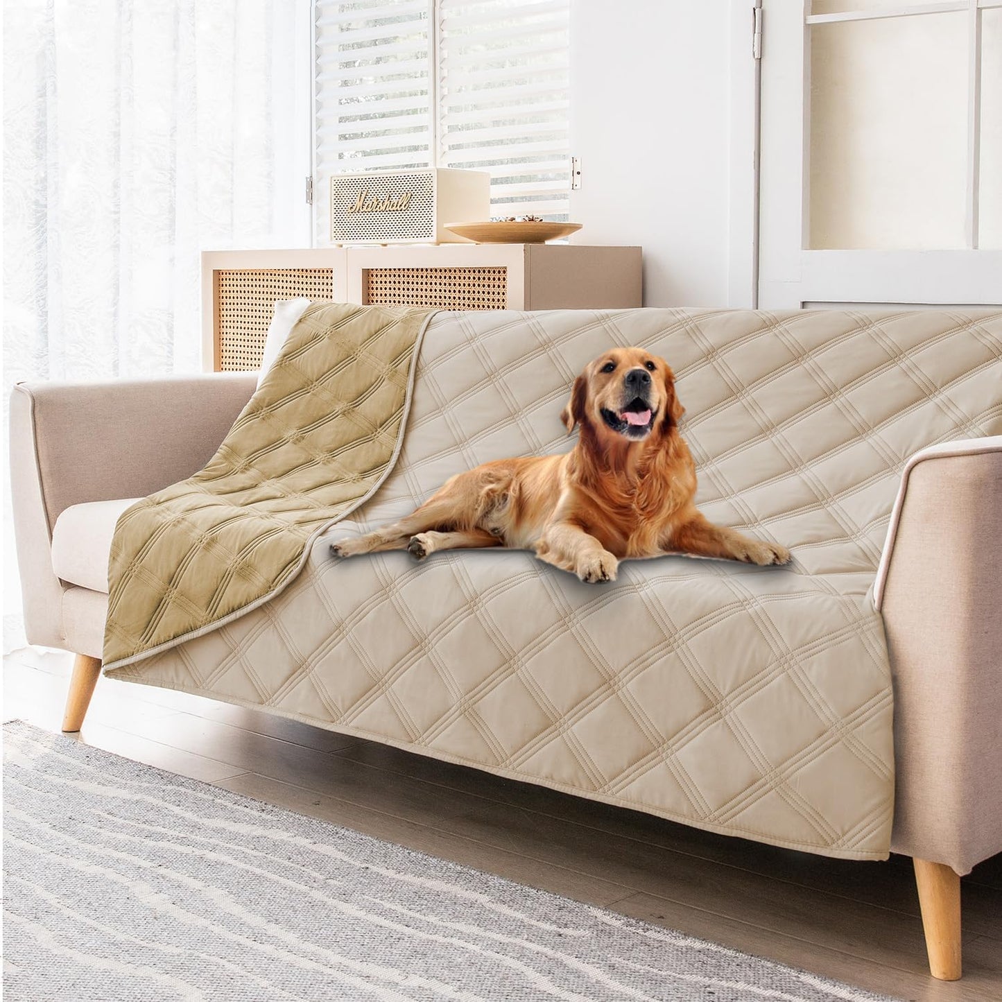 fuguitex Waterproof Dog Blanket Reversible for Small Dogs Resistant Leakproof Washable Couch Cushion Bed Protector Cover for Indoor Furniture Pet Friendly(30"*70",Beige+Taupe