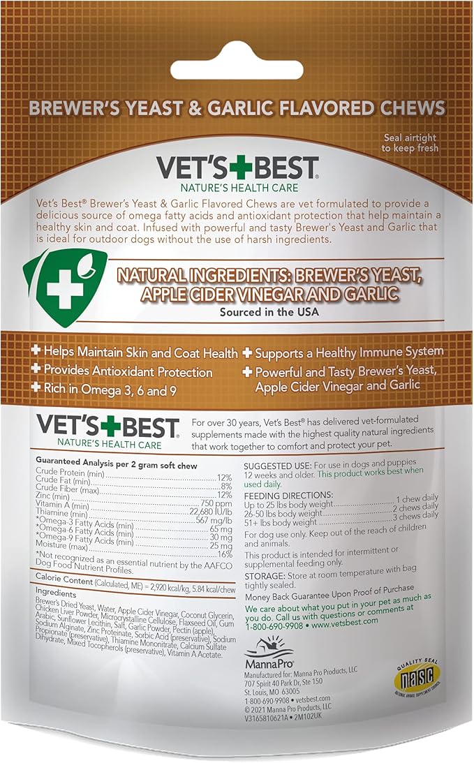 Vet's Best Brewer’s Yeast & Garlic Chews, Omega 3 for Dogs Healthy Skin & Coat Protection for Dogs, Dog Formulated with Veterinary Recommended Dosage, Garlic Supplements, 60 ct