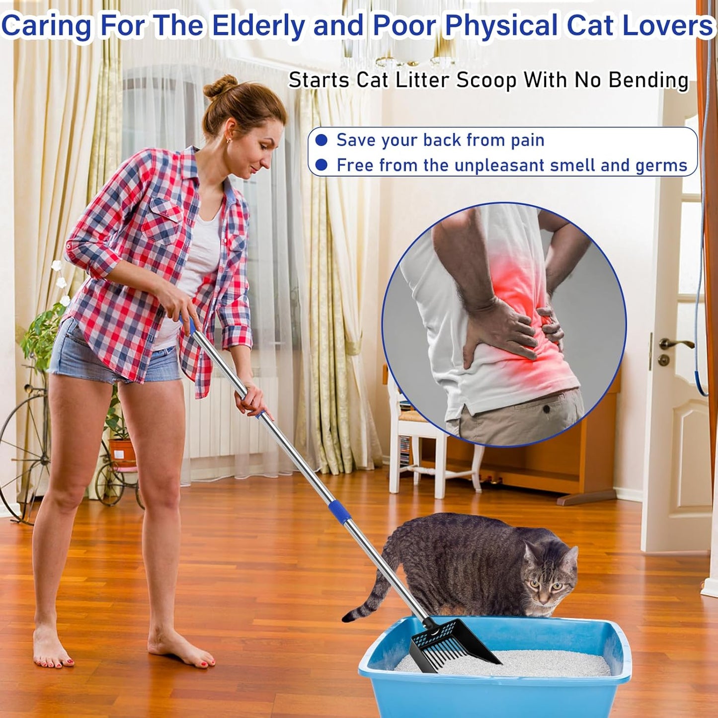 JAMIEWIN Extendable Metal Cat Litter Scoop, Long Handle Litter Sifting Shovel, 21"-39.5" No Bending Back Cat Scooper for Litter Box Heavy Duty Pet Poop Shovel Chicken Poop Scooper