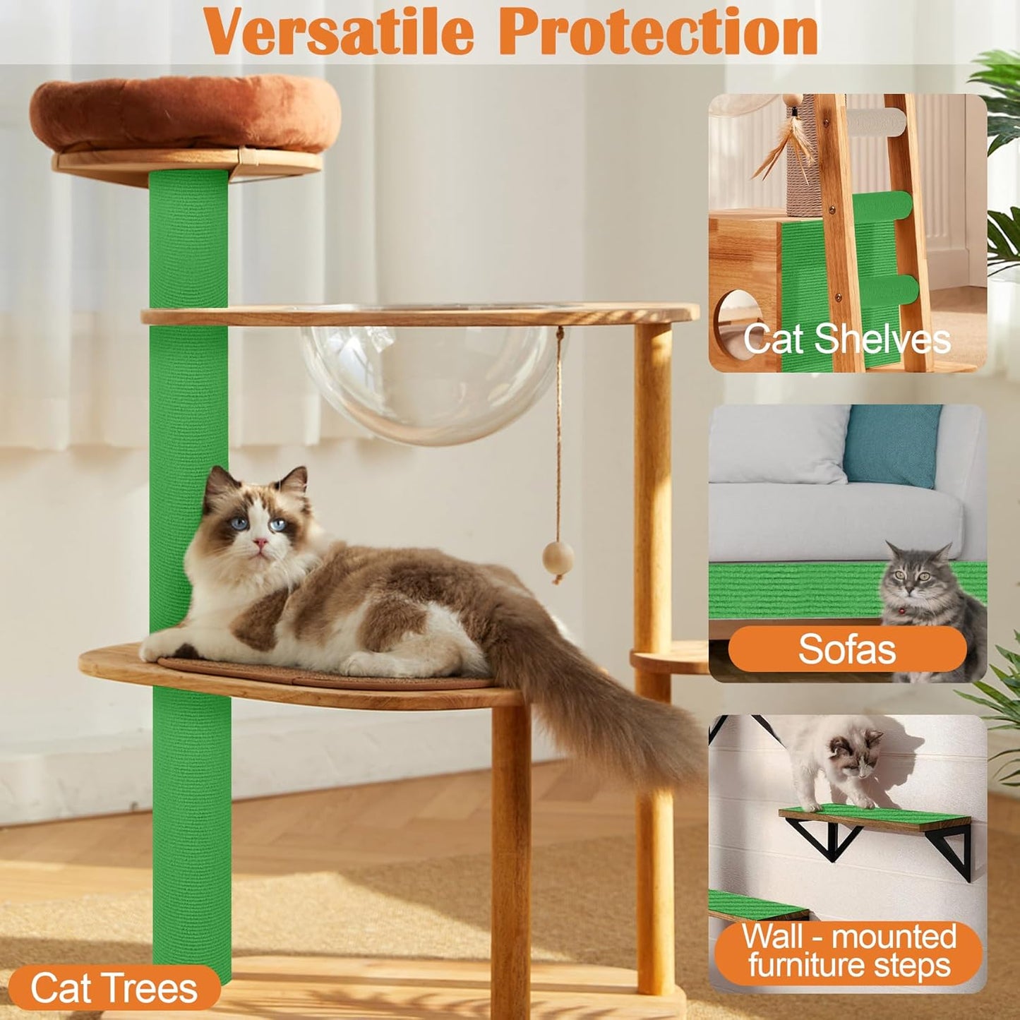 Cat Scratch Furniture Protector - 118" x 15.8" Trimmable Self-Adhesive Cats Claws Scratch Pads, DIY Cat Climbing Couch Protector for Scratch Post Cat Tree Replacement Indoor (Green)
