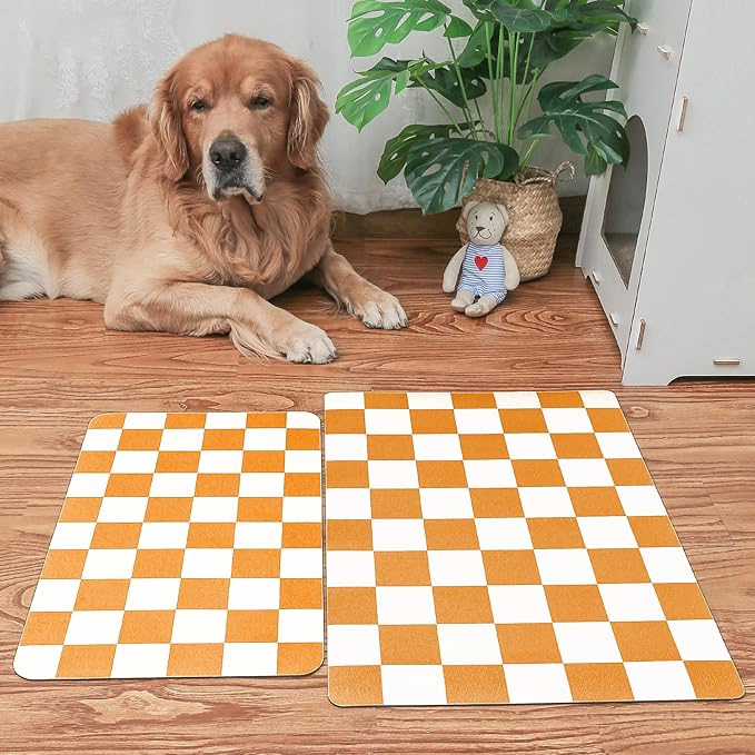 Ralxion Checkered Dog Feeding Mat, Absorbent Mats for Dog Food and Water Bowl, Dispenser, Aesthetic Orange Checkerboard Pet Placemat for Dogs, Cats, Puppy Accessories (Orange, 12 x 19)