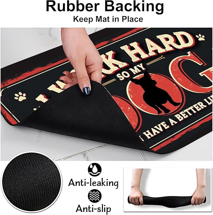 Work Hard Dog Pet Feeding Mat for Floors-Absorbent Dog Bowl Mat for Food and Water, Quick Dry Pet Cat Feeding Mats with Non Slip Bottom, Mess-Free Dog Accessories 12"x20"