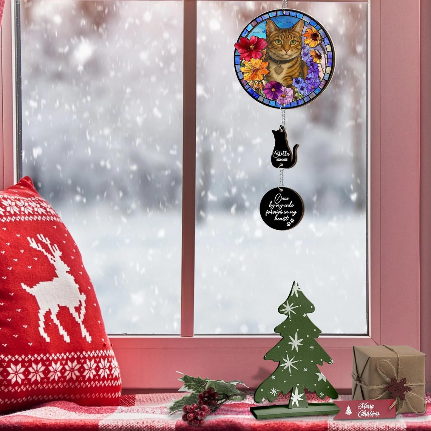Personalized Stained Glass Sleeping Cat Suncatcher |Cat Loss Sympathy Gift | Customized Pet Memorial Suncatcher with Charms | Custom Pet Memorial Gifts| Best Gifts for Your Beloved Cats Passed Away