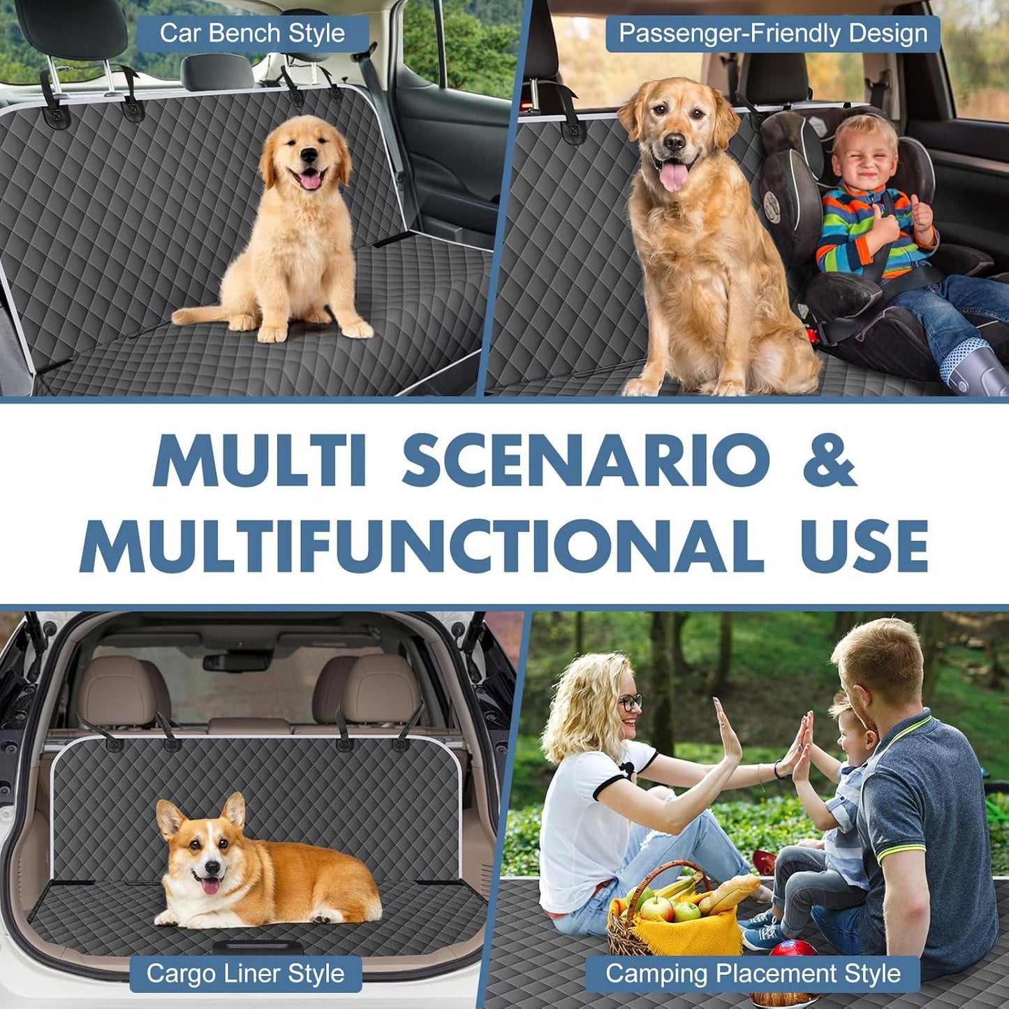 Backseat Cover for Dogs, Waterproof and Non-Slip Pet Bench Seat Covers, Car Seat Protector for Back Seat, Universal Size Rear Car Seat Cover Fits Cars, Trucks and SUVs, L-Charcoal Grey&Grey