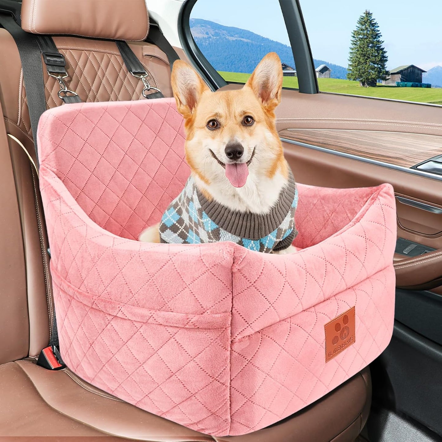 Dog Car Seat for Small/Medium Dogs, Dog Booster Car Seats with Thick Cushion for Dogs Under 35lbs, Detachable Washable Pet Bed with Storage Pockets, 2 Safety Belts (Pink)