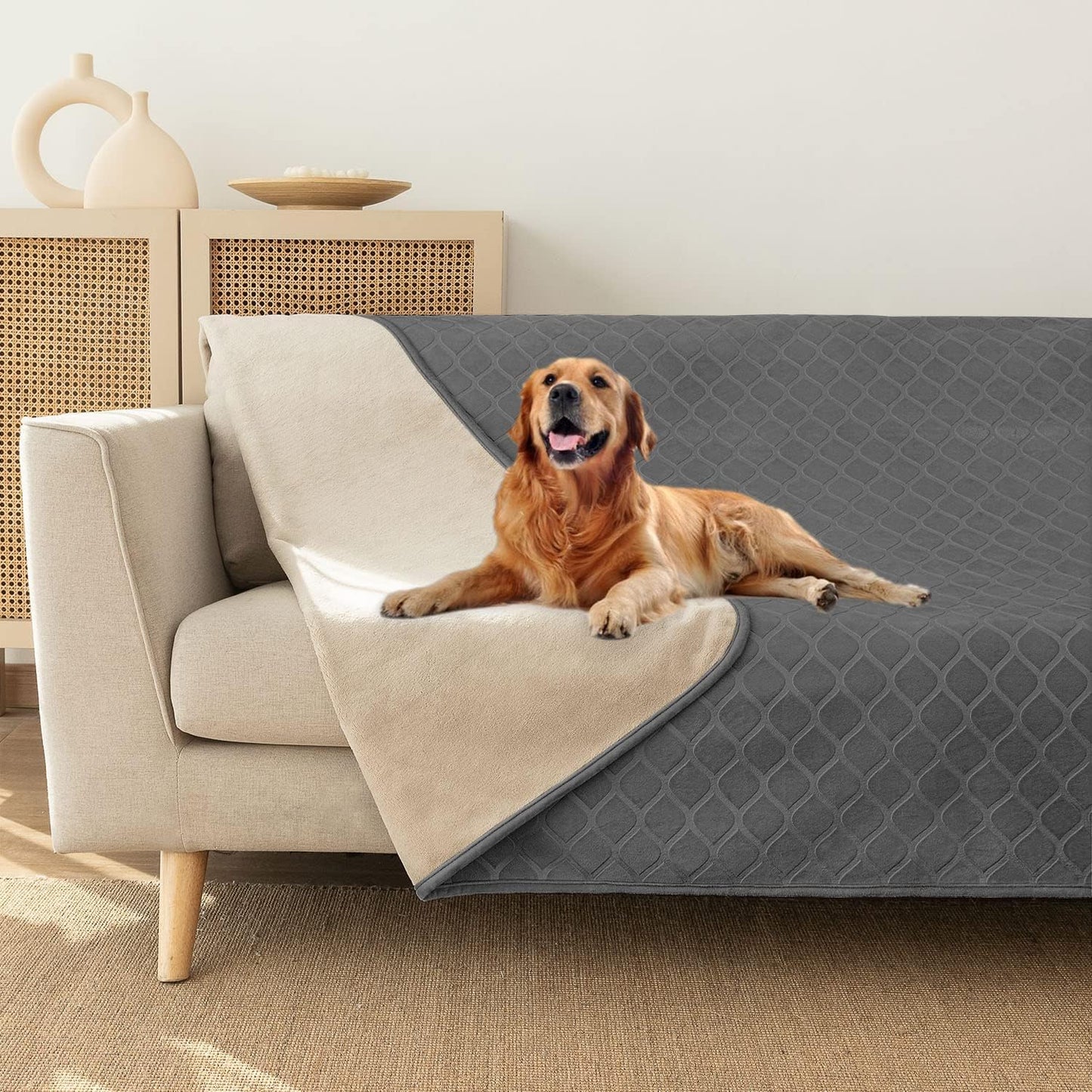 fuguitex Waterproof Dog Blanket Bed Cover Dog Crystal Velvet Moroccan Fuzzy Cozy Plush Pet Blanket Throw Blanket for Couch Sofa(82 * 82 inch, Dark Grey+Beige)
