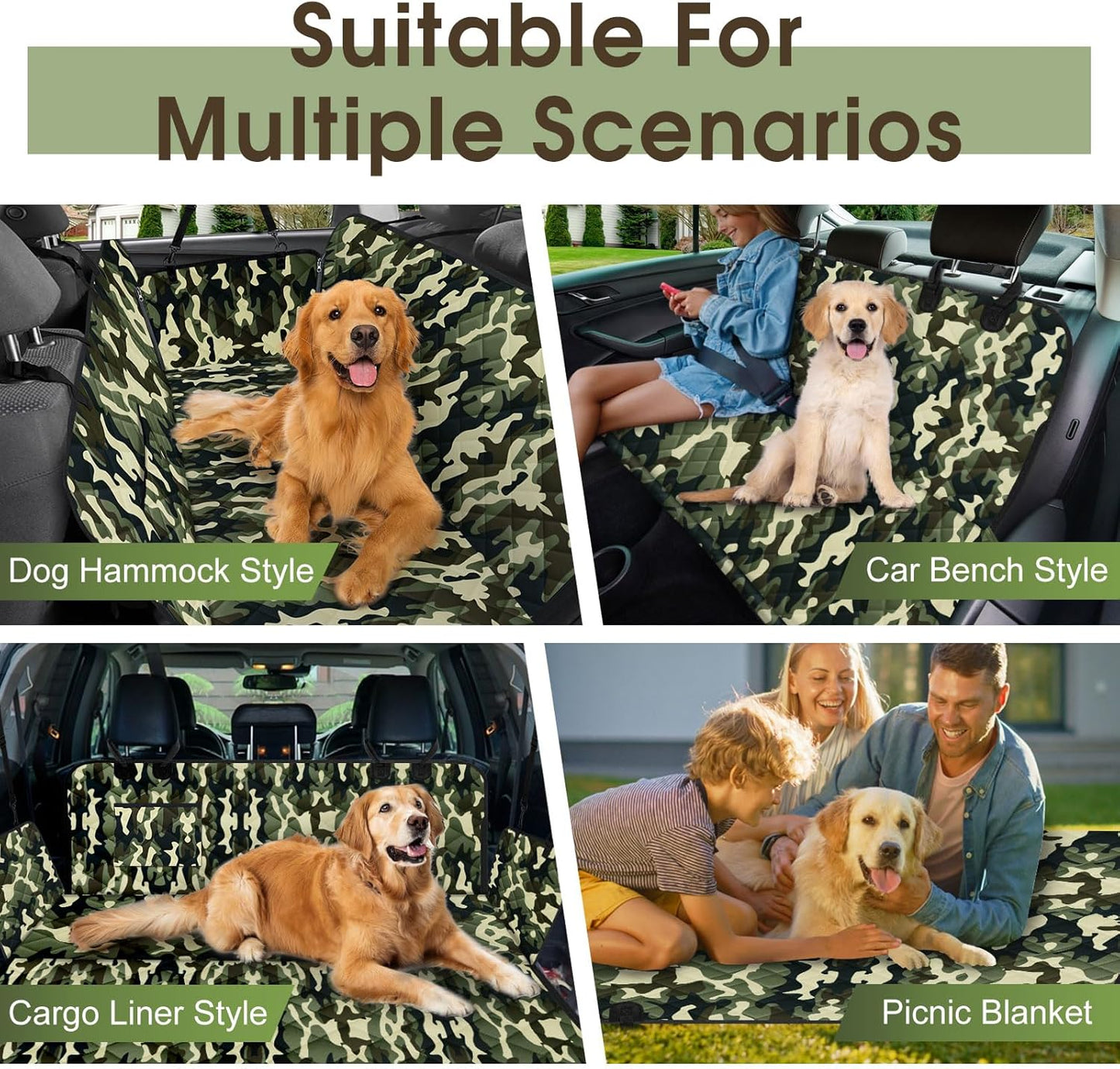 Waterproof Dog Car Seat Cover for Back Seat - Durable, Scratch Proof Pet Hammock with Nonslip Design & Storage Pockets, Fits Cars, SUVs, Trucks- S, Camouflage