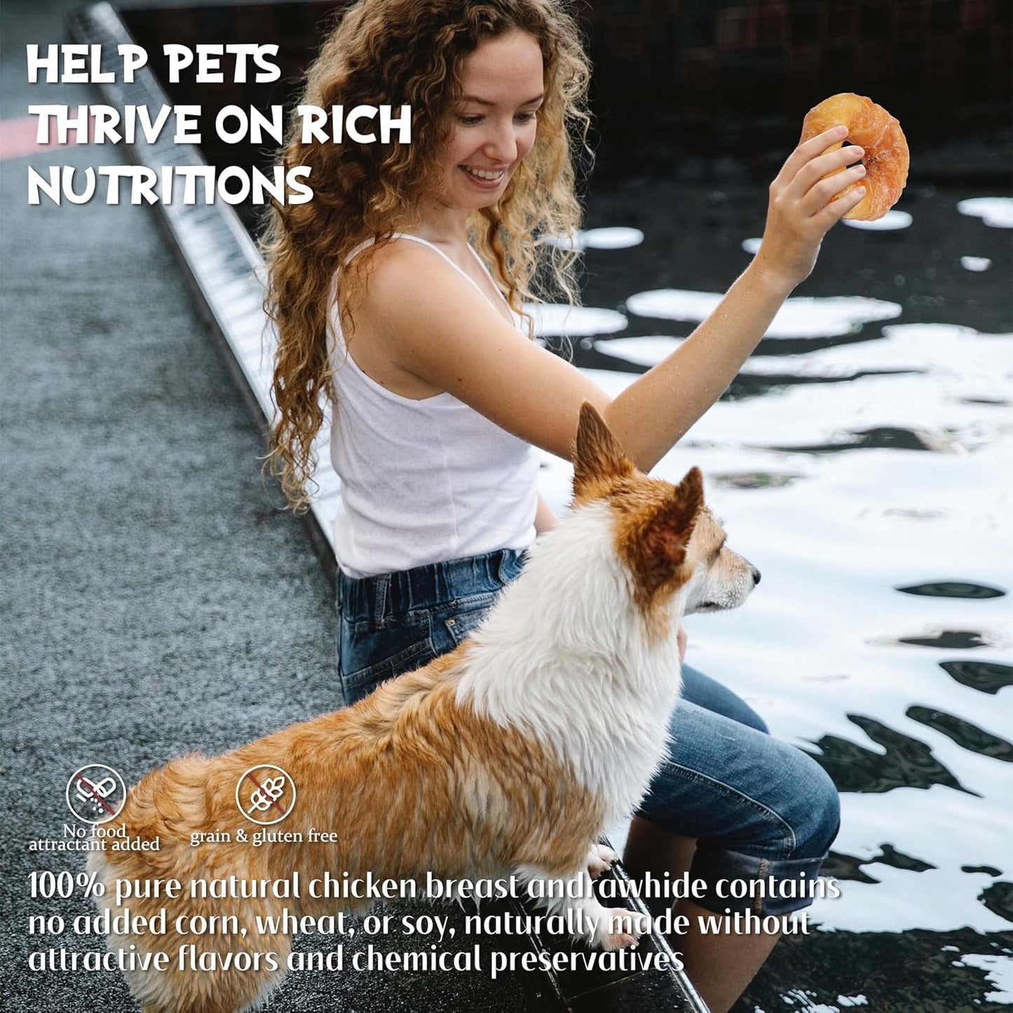 ASMPET Dog Treats Chews, Chicken Wrapped Rawhide Donuts Dental Care Chews for Small Medium Large Breed Aggressive Chewers (Pack of 4)