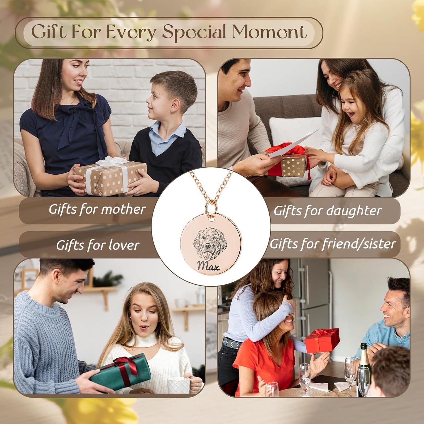 Personalized Pet Portrait Necklace Customized Pet Memorial Necklaces Dog Necklace for Women Custom Pets Necklaces Dog Memorial Jewelry for Cat Mom Dogs Dad (Rose Gold 3 Portrait)