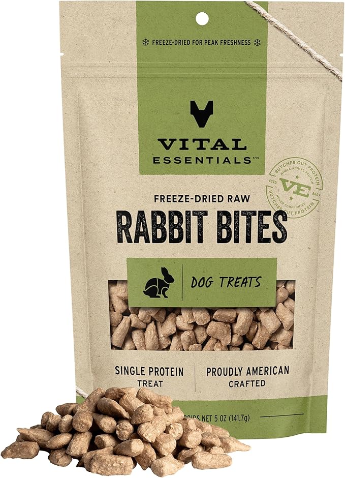 Vital Essentials Rabbit Bites Dog Treats, 5 oz | Freeze-Dried Raw | Single Protein | Premium Quality High Protein Training Treats | Grain Free, Gluten Free, Filler Free
