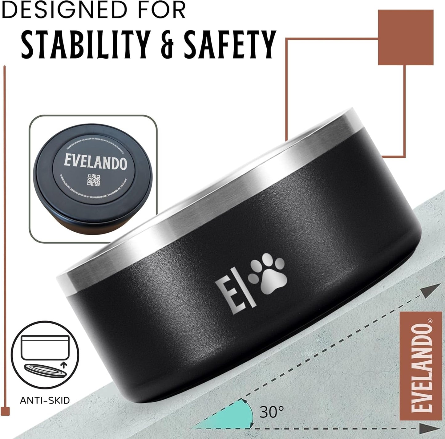 EVELANDO® 32 oz (4 Cups) Premium Stainless Steel Dog Bowl – Triple Insulated to Keep Water Fresh/Cold & Food Warm. Non-Slip Silicone Base, BPA Free Elegant Dish for Small/Medium Dogs & Medium Cats.