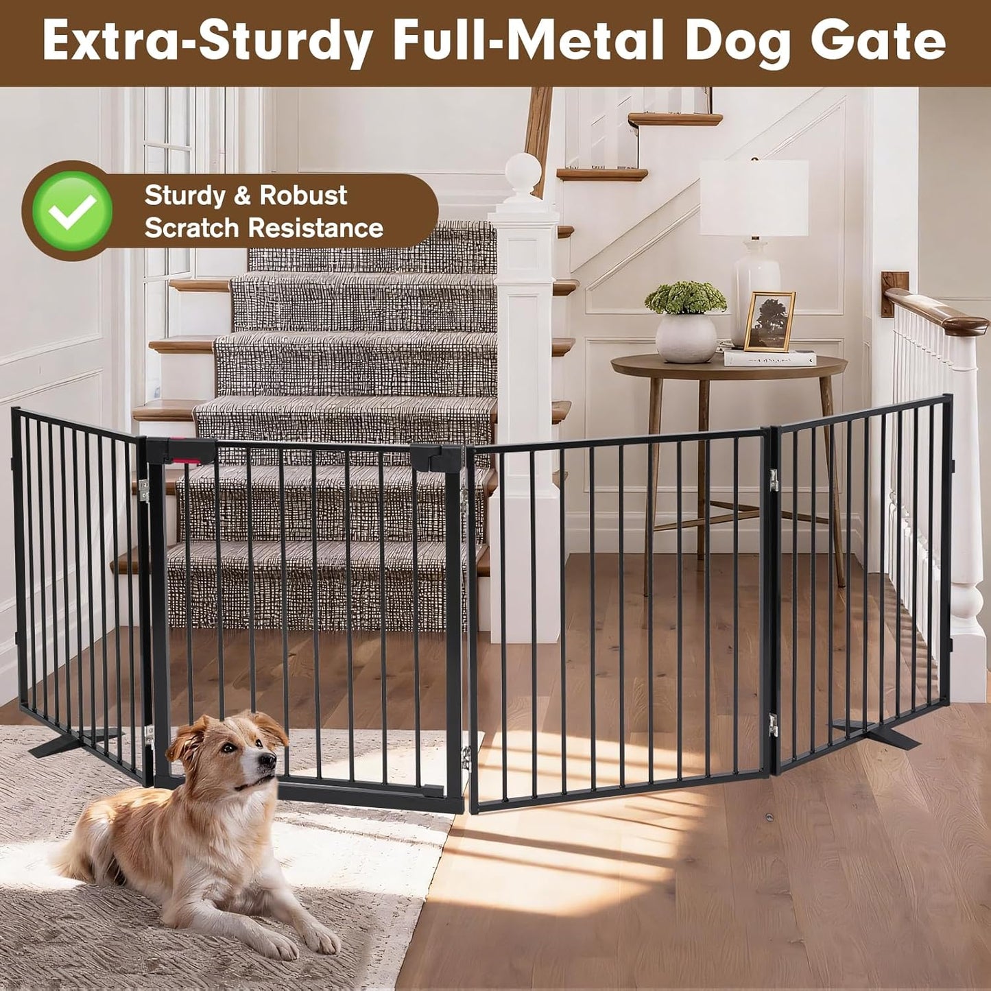 104" Dog Gate Extra Wide, Heavy Duty Metal Freestanding Dog Gate with Door for Indoor & Outdoor, Foldable Pet Fence for Doorways,House,Porch,Deck,Yard,Stairs, Auto Close(4 Panels,Black)