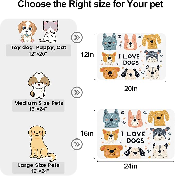 Cute Dogs Pet Cat Dog Food Mat-Absorbent Quick Dry Feeding Placemat for Water and Food, No Stains Rubber Base Mat for Indoor Use, Pet Accessories 16"x24"