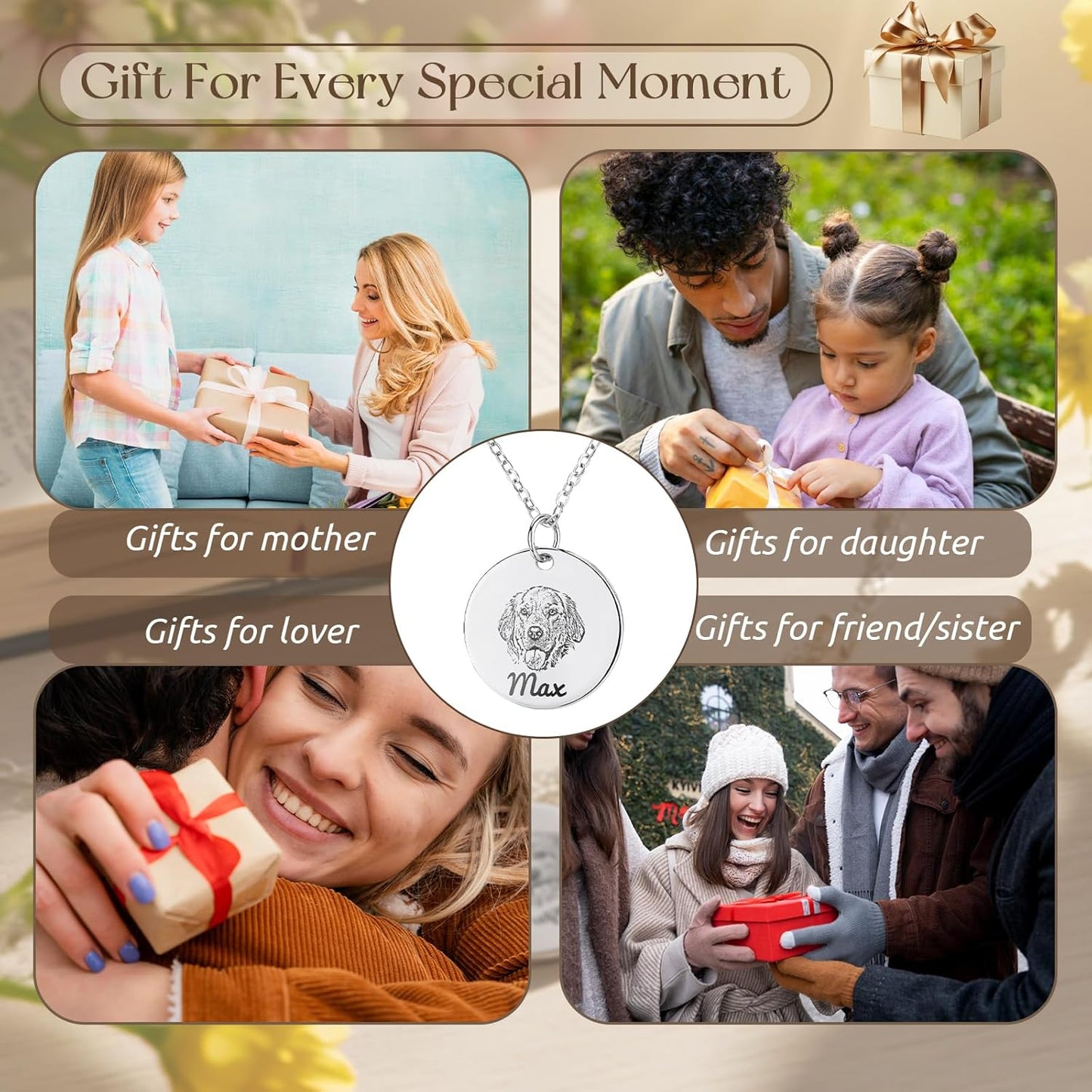 Personalized Pet Portrait Necklace Customized Pet Memorial Necklaces Dog Necklace for Women Custom Pets Necklaces Dog Memorial Jewelry for Dogs Dad (Silver, 2 Portrait)