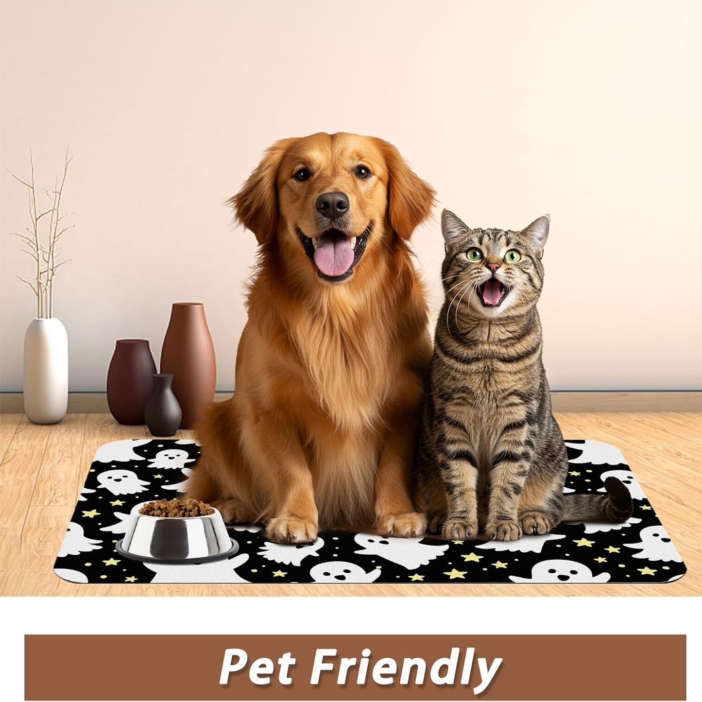 Halloween Pet Feeding Mat,Ghosts Absorbent Quick-Dry Cat Dog Food and Water Bowl Mats,Non-Slip Rubber Backing Mat,Cat Dog Accessories Supplies 12"x20"