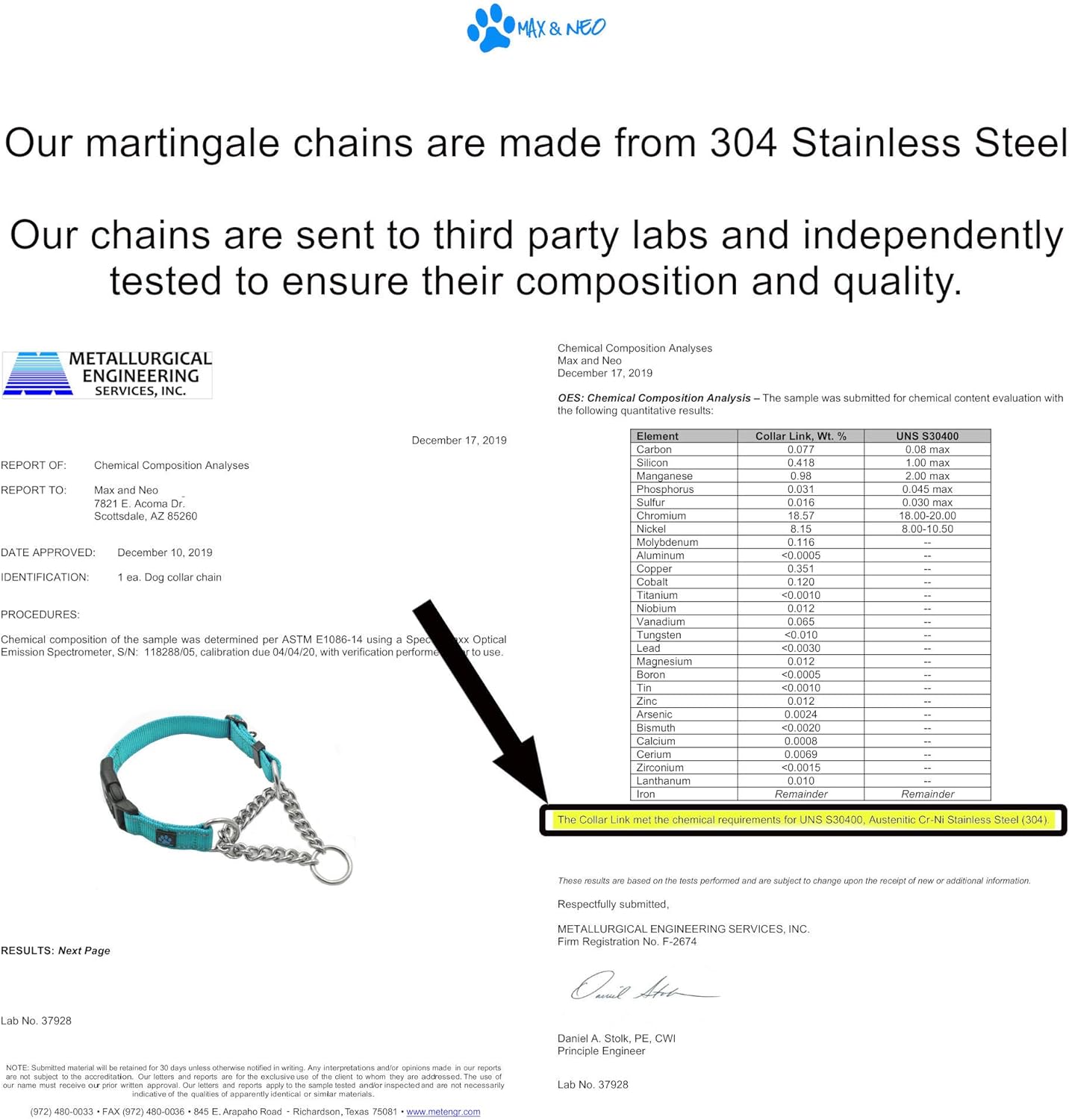 Max and Neo Stainless Steel Chain Martingale Collar - We Donate to a Dog Rescue for Every Collar Sold (Large, Blue)