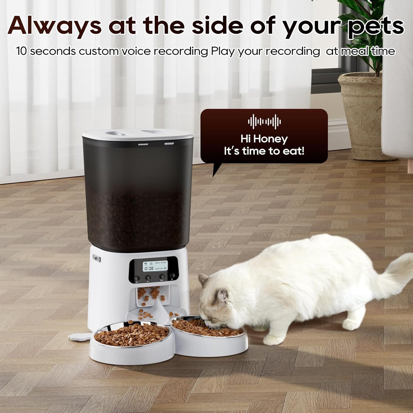 Automatic Cat Feeder for 2 Cats, 6L Timed Cat Dry Food Dispenser Dog Feeder up to 6 Meals & 30 Portions per Day,10S Voice Record,Flexible Schedule Timer Pet Feeder for Small Dogs, White