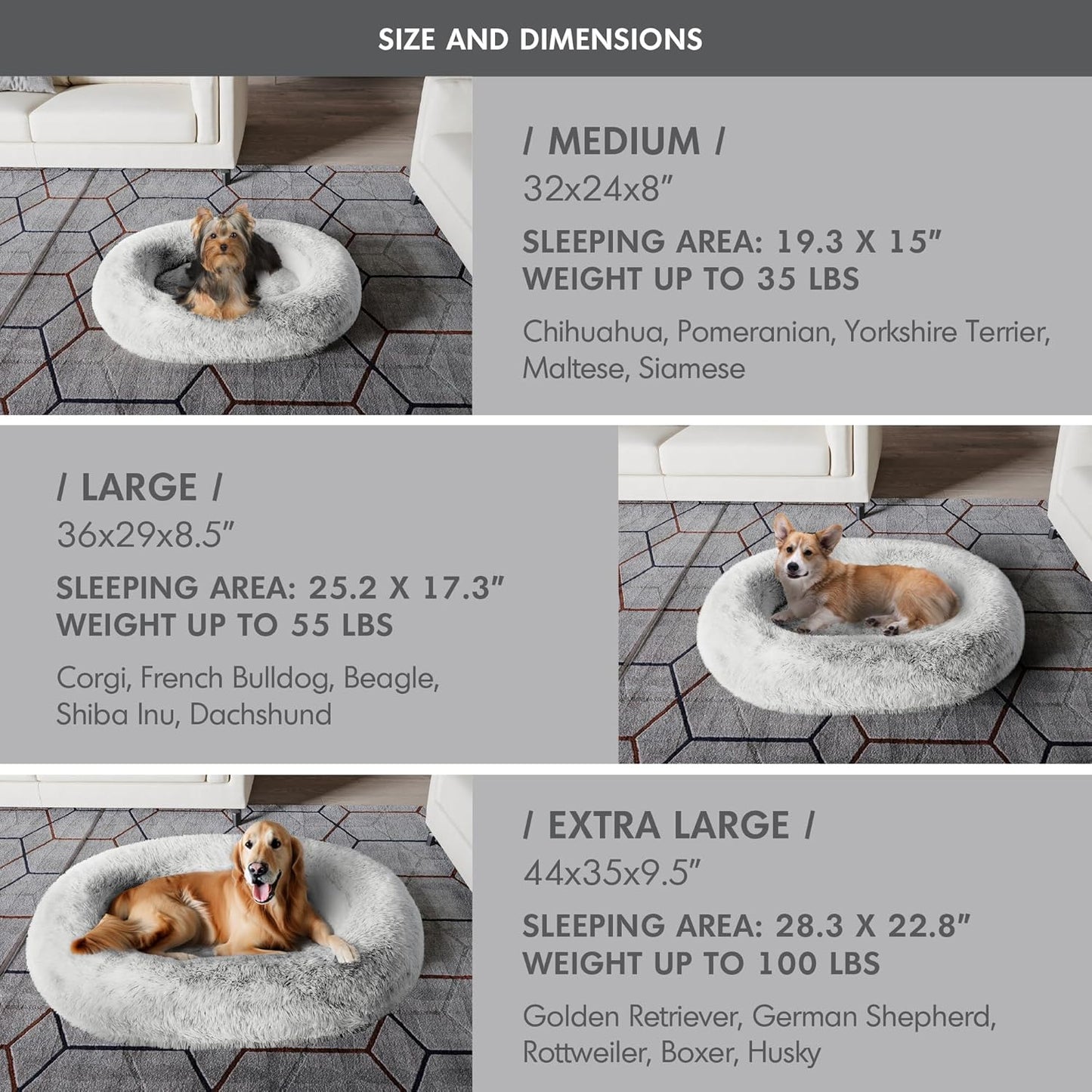 Medium Sized Orthopedic Dog Beds, Donut Calming Pet Beds with Comfort Foam Support, Fluffy Non-Slip Couch for Dog and Cat, with Washable and Indestructible Cover, 32 Inches, Light Grey