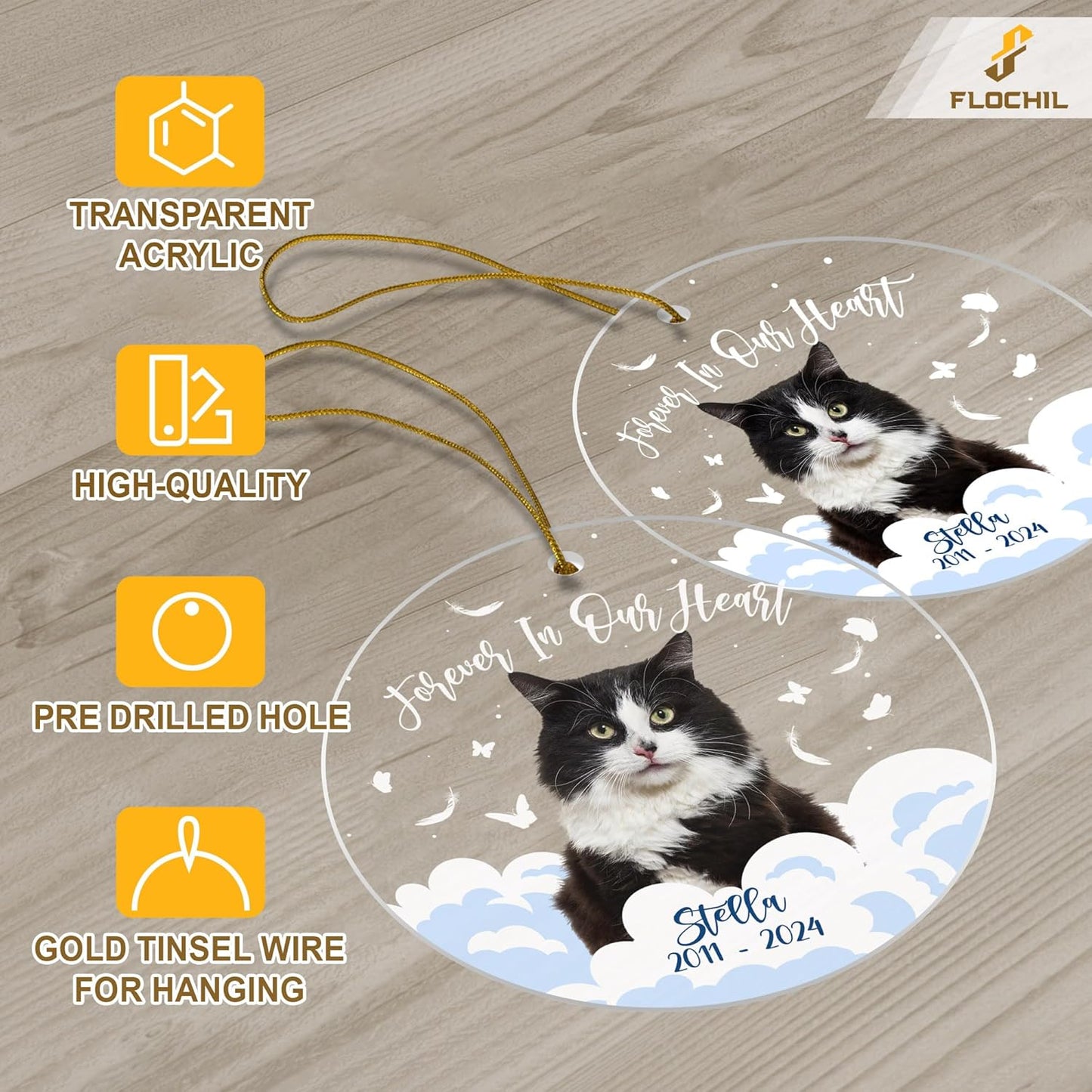 FLOCHIL Personalized Memorial Cat Christmas Ornament, Custom Cat Memorial Ornament with Name Photo, Pet Memorial Ornament, Gift for Pet Lovers