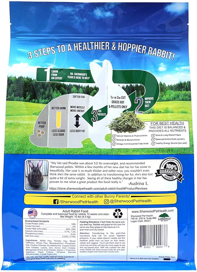 Sherwood Pet Health Adult Rabbit Food Alfalfa Timothy Hay-Based Blend 10 lbs, Grain and Soy-Free for Better Digestion