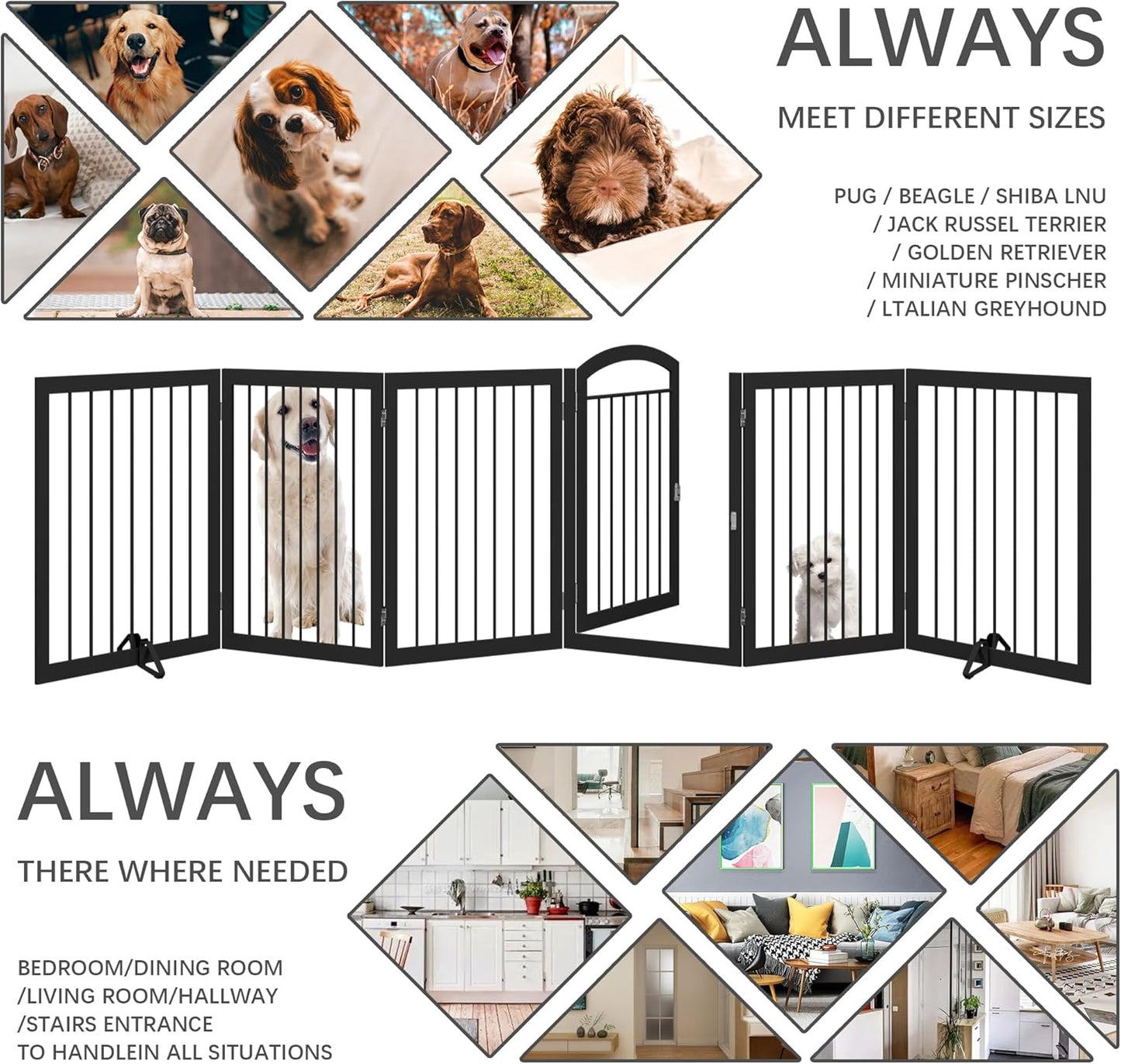 JSB 144-inch Extra Wide 30-inch Tall Dog gate with Door Walk Through, Freestanding Round Tube Pet Gate for Halls Stairs, Puppy Safety Dog Fence with 2PCS Support Feet (Black)