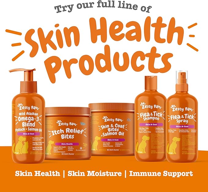 Zesty Paws Salmon Oil for Dogs Skin and Coat, Omega 3 Fish Oil Chews, Dog Allergy Relief Chews, Itch Relief Supplement, 90 Count, Salmon Flavor