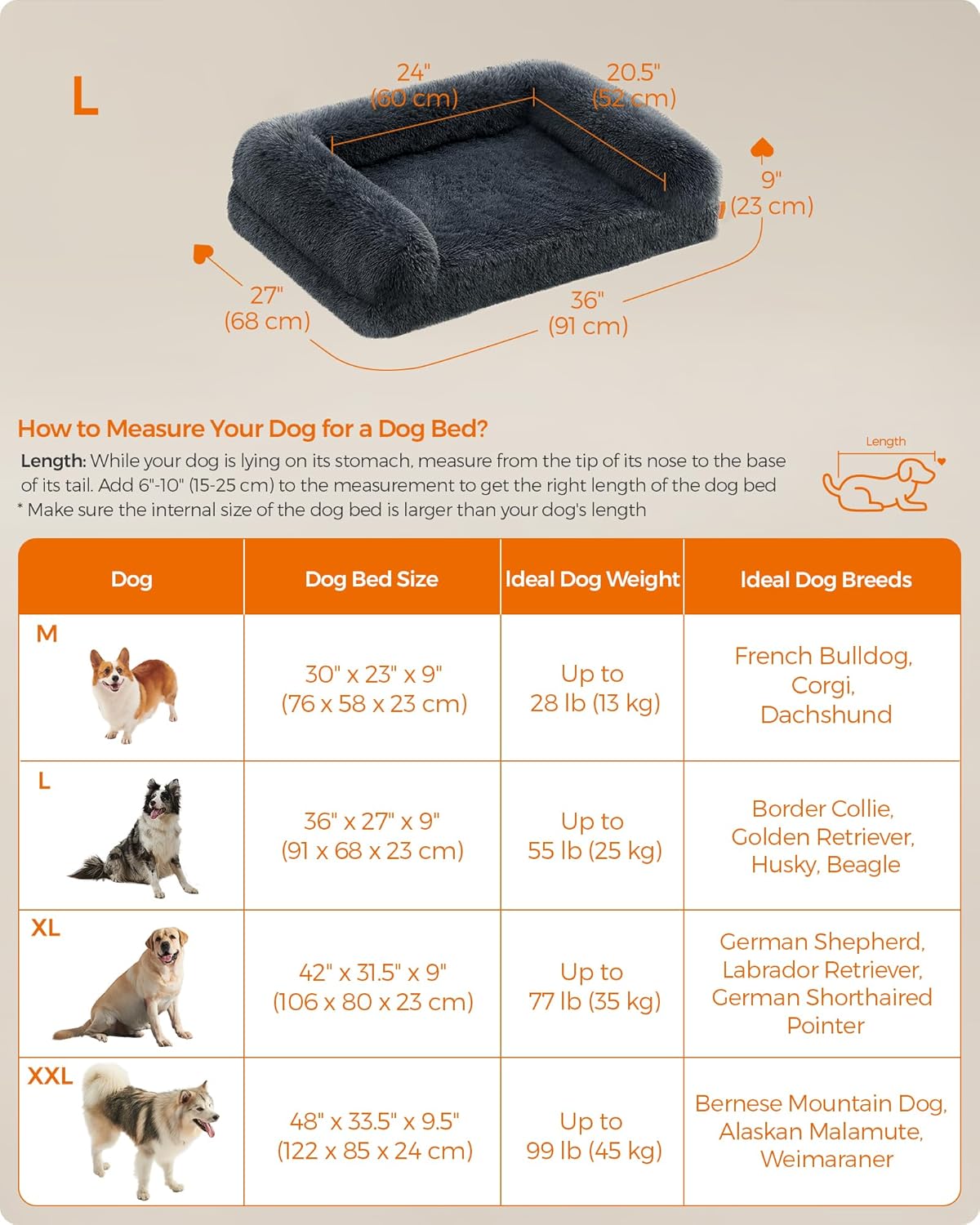 Feandrea Dog Bed, Orthopaedic Dog Sofa Bed for Medium Dogs, Waterproof Ped Bed with Removable Washable Cover, 36 x 27 x 9 Inches, Dark Gray UPGW232G02