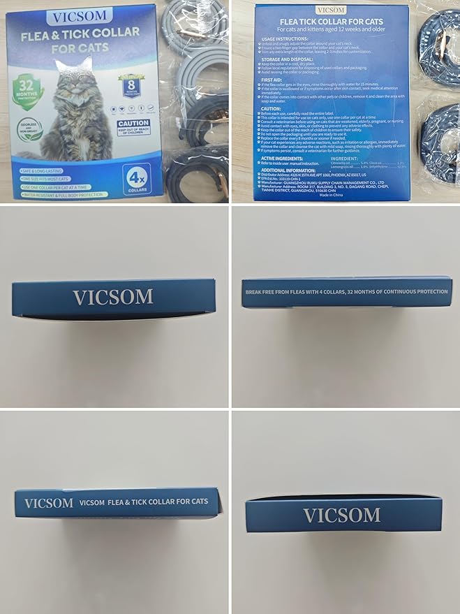 4 Pack Flea and Tick Collar for Cats, 32 Months Treatment Prevention, Waterproof Adjustable Kitten Collar, Black Grey