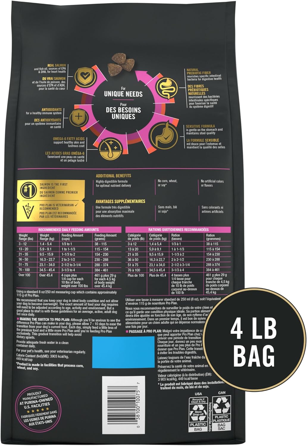 Purina Pro Plan Sensitive Skin and Stomach Dog Food Dry, Adult Salmon & Rice Formula, Digestive Health - 4 lb. Bag