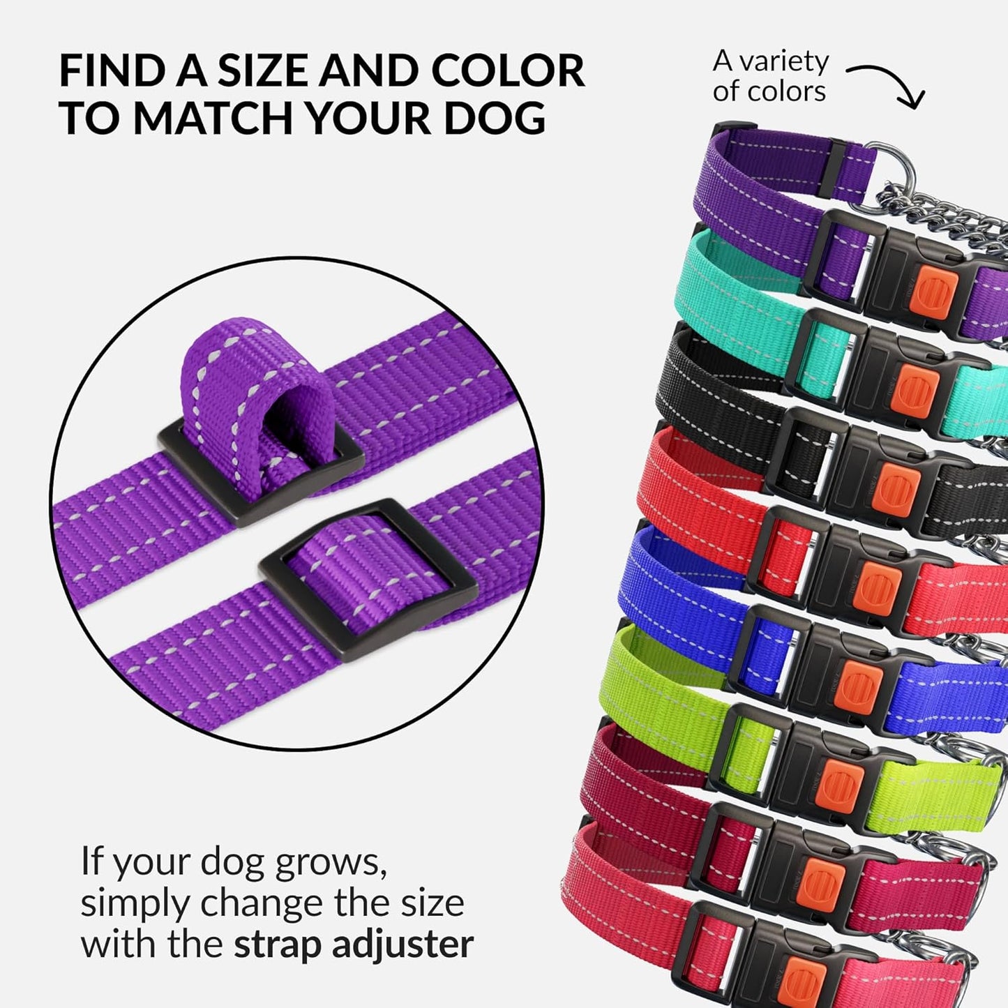 CollarDirect Martingale Dog Collar with Stainless Steel Chain and Quick Release Buckle - Reflective Collar for Large, Medium, Small Dogs - Purple, Small (Neck Size 12"-15")