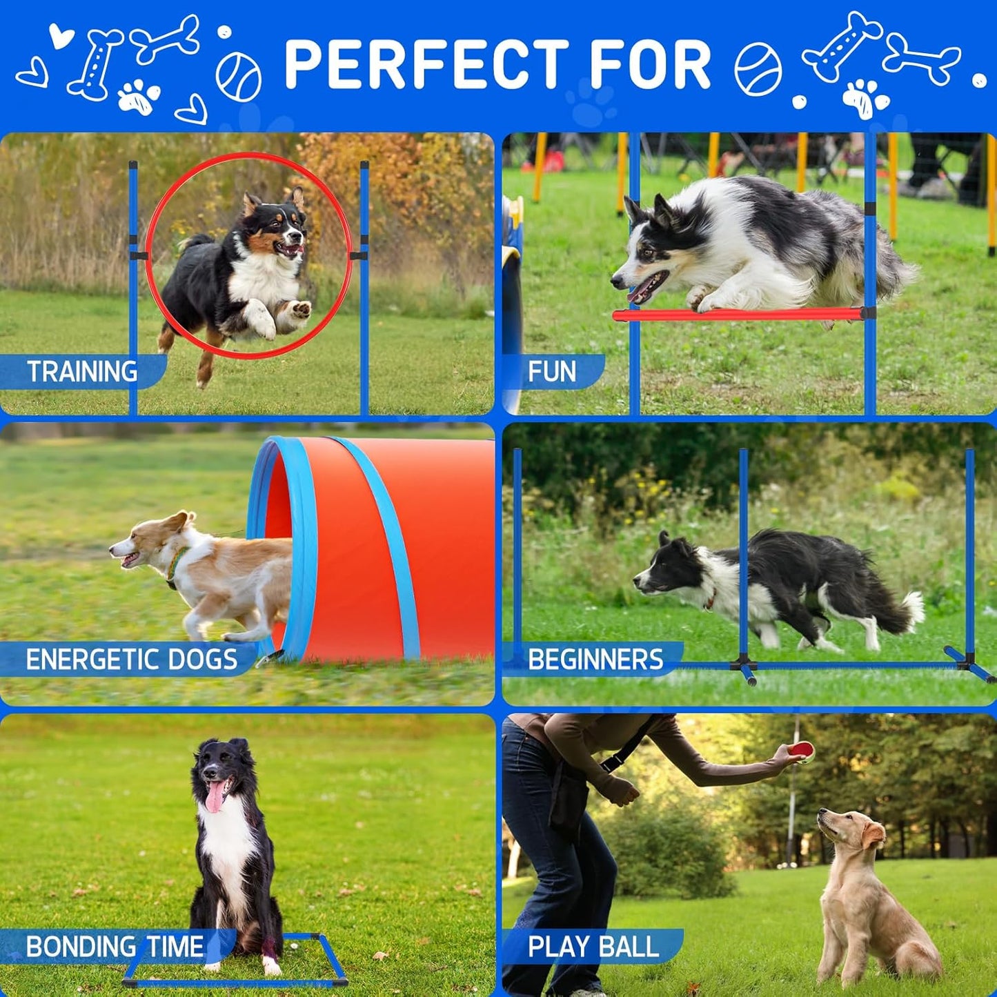 Dog Agility Course Backyard Set Dog Agility Equipment Obstacle Course Backyard Includes Adjustable High Hurdle,6 Weave Poles,Extended Tunnel,Jump Ring,Square Pause Box,2 Balls,Whistle,2 Carrying Bags