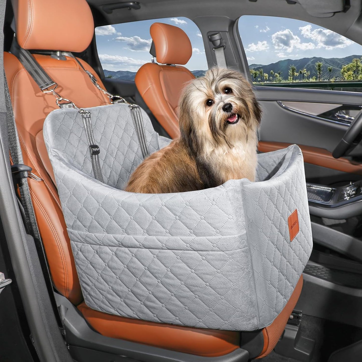 Dog Car Seat for Small/Medium Dogs up to 35 lbs, Memory Foam Pet Booster Seat with Detachable Washable Cover, Portable Pet Bed for Cars with Safety Belts and Storage Pockets(Grey, Medium)