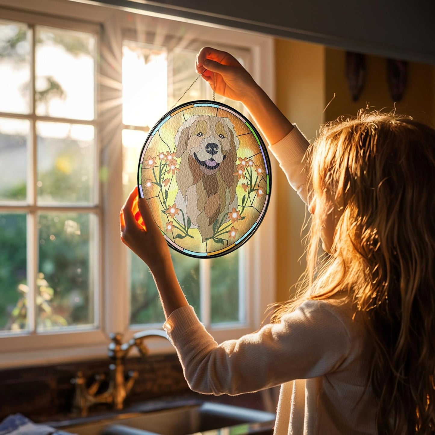 Lovely POD Custom Pet Portrait Stained Glass Suncatcher, Personalized Dog Photo Memorial Ornament Window Hanging, Remembrance Sympathy Gift for Loss of Fur, Bereavement Keepsake, Home Decor