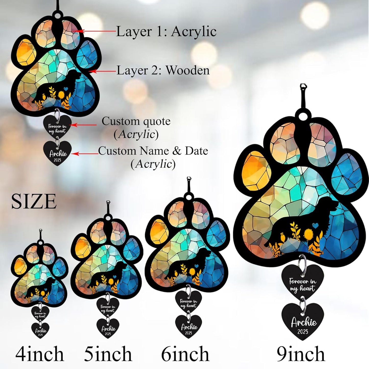 LOVELYPOD Personalized Dog Memorial Suncatcher, Custom Pet Memorial Gifts for Loss of Dog, SunCatcher Gift for Someone Who Lost A Pet, Stained Glass Acrylic Sympathy, Hanging Garden Decor with Paw