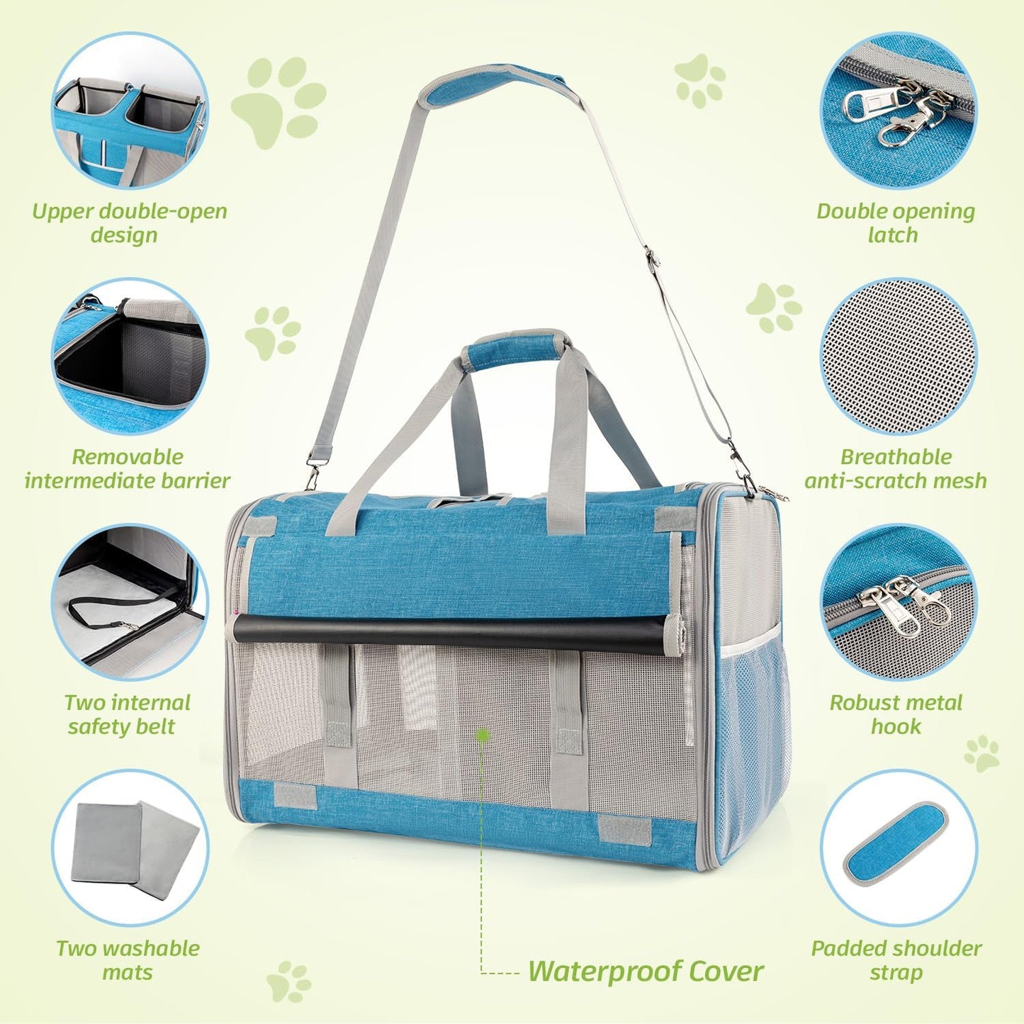 Large Cat Carrier for 2 Cats, 21.7x 13.8x 13.8in Pet Carrier for Cat and Dog Up to 38lbs, All-Sided Mesh Cat Carrier with Great Ventilation, Portable Soft Sided Pet Carrier for Traveling(Blue)